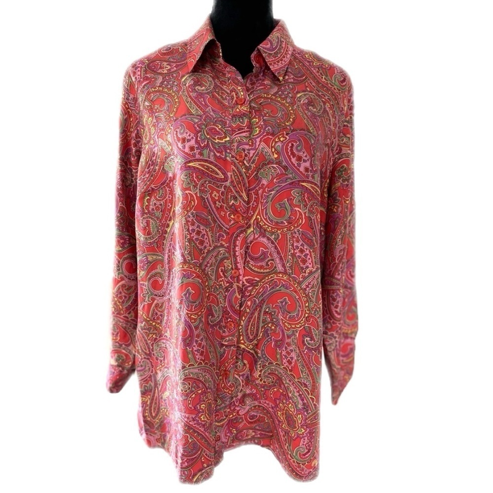 Jones New York 100% Silk Paisley Button-Up Blouse – Pink & Multicolor, Size 1X